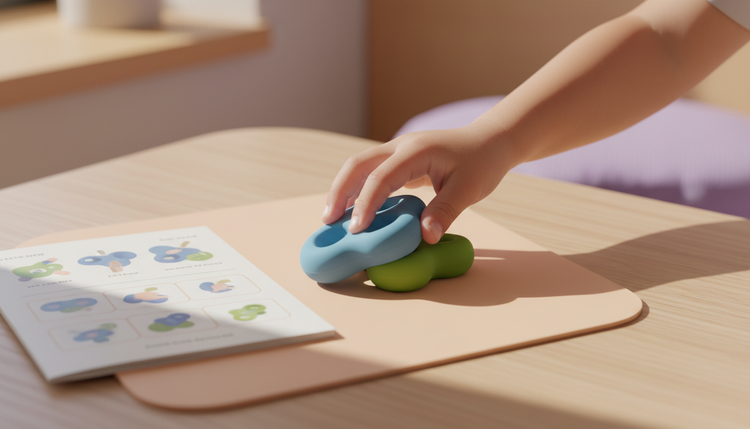 A hand resting on a soft blue and green fidget toy