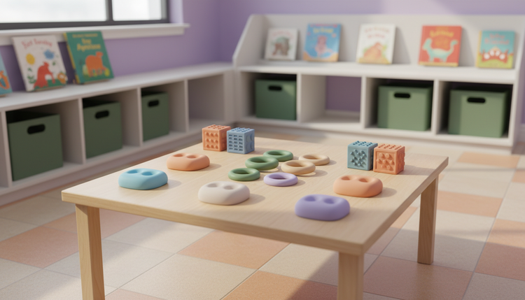 A calm classroom table set with soft sensory tools